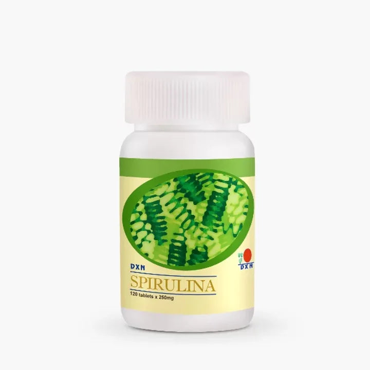 A bottle of DXN Spirulina tablets with 120 servings, each tablet is 250 mg.