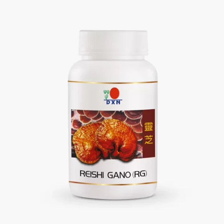 


A bottle of DXN RG 90 capsules with a label featuring an image of reishi mushrooms.