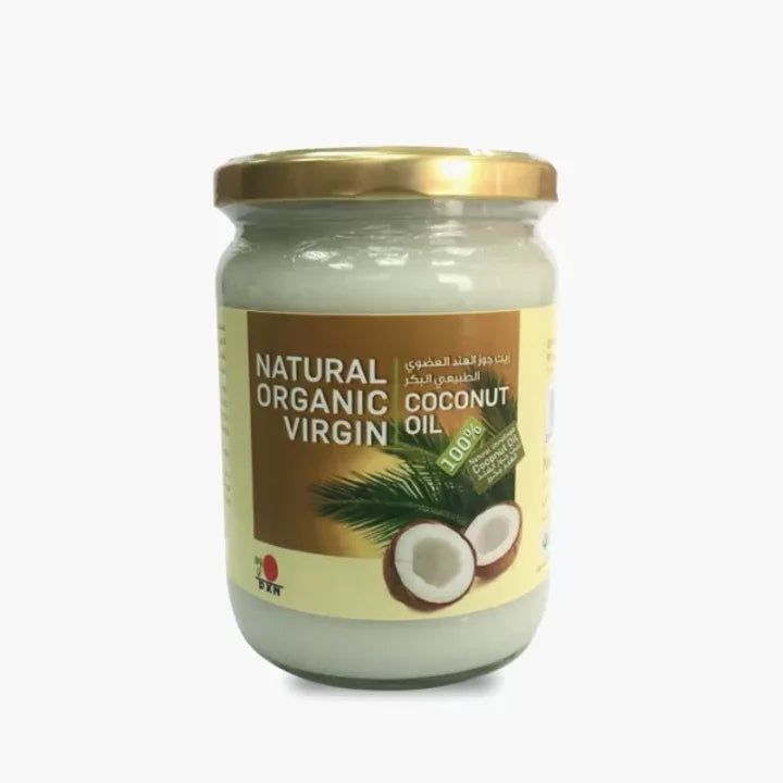 A jar of DXN Organic Virgin Coconut Oil with a label showing the product name and an image of a coconut.